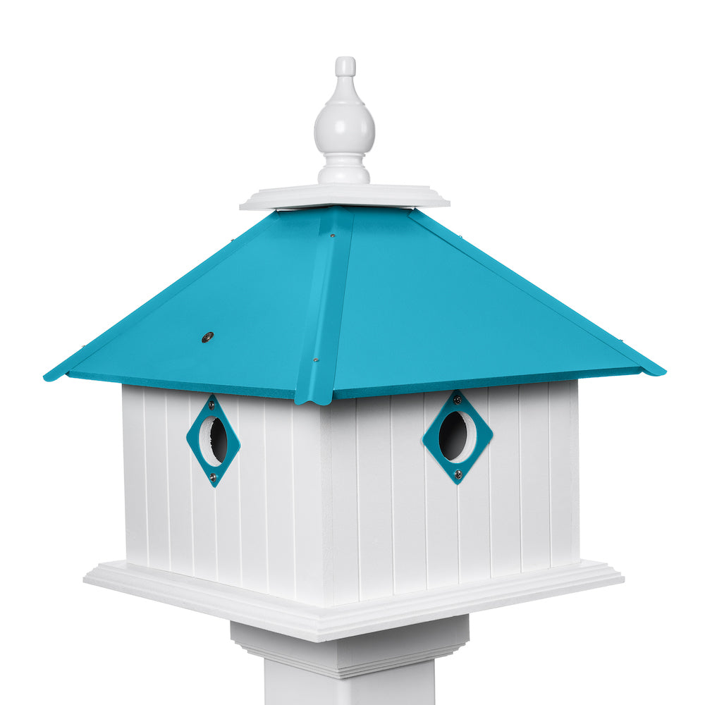 Lagoon blue carriage birdhouse with white background