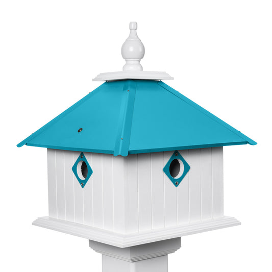 Lagoon blue carriage birdhouse with white background