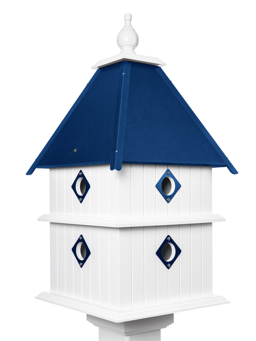 Colbalt blue plantation birdhouse with white background