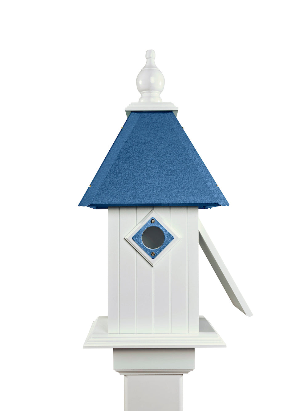 Cobalt blue cathedral birdhouse with white background