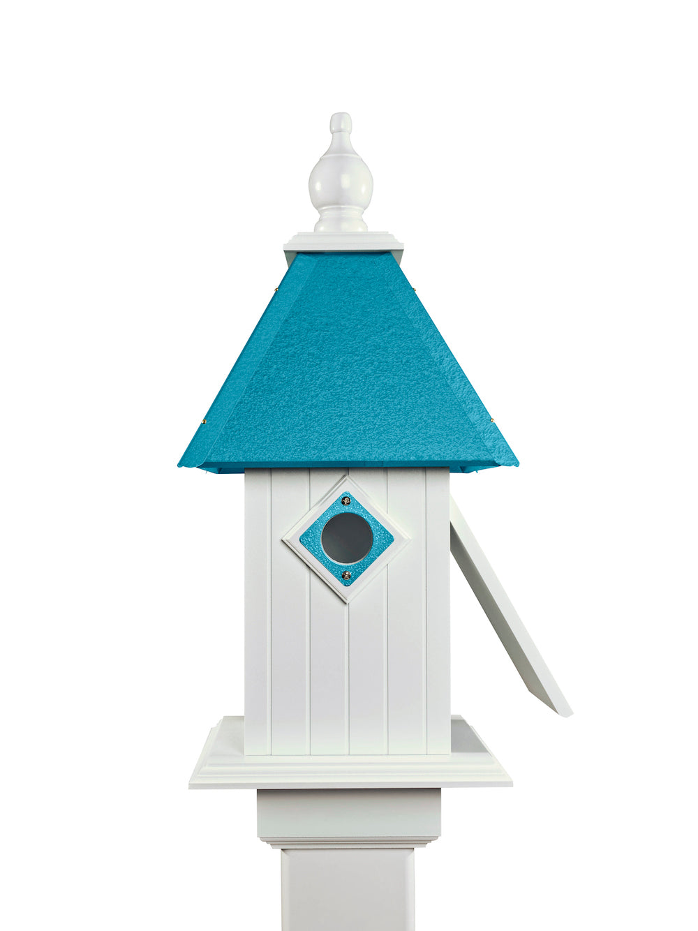 Lagoon blue cathedral birdhouse with white background