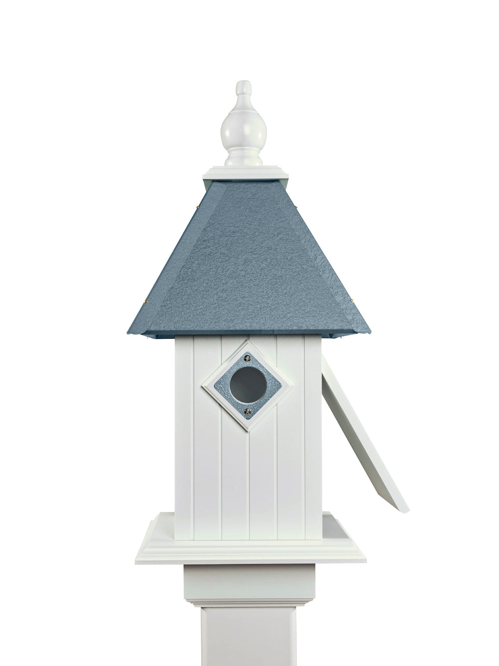 Light blue cathedral birdhouse with white background