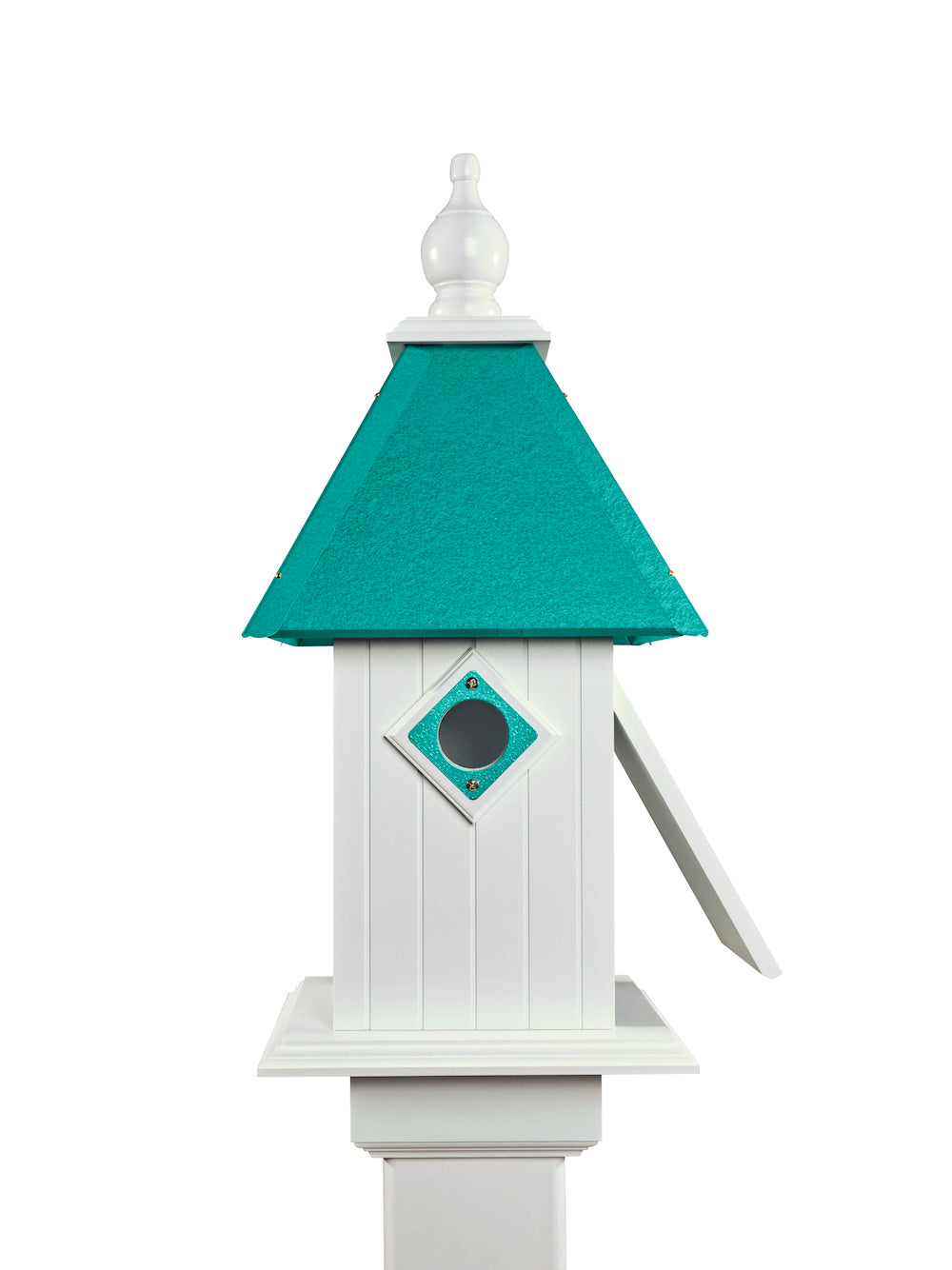 Beach glass cathedral birdhouse with white background