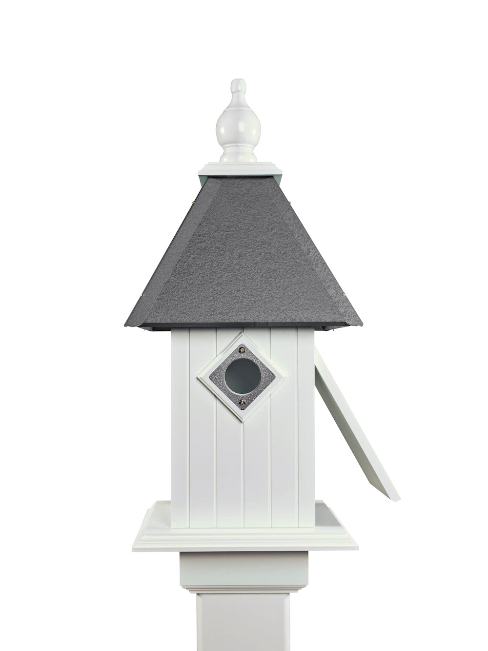 Gray cathedral birdhouse with white background