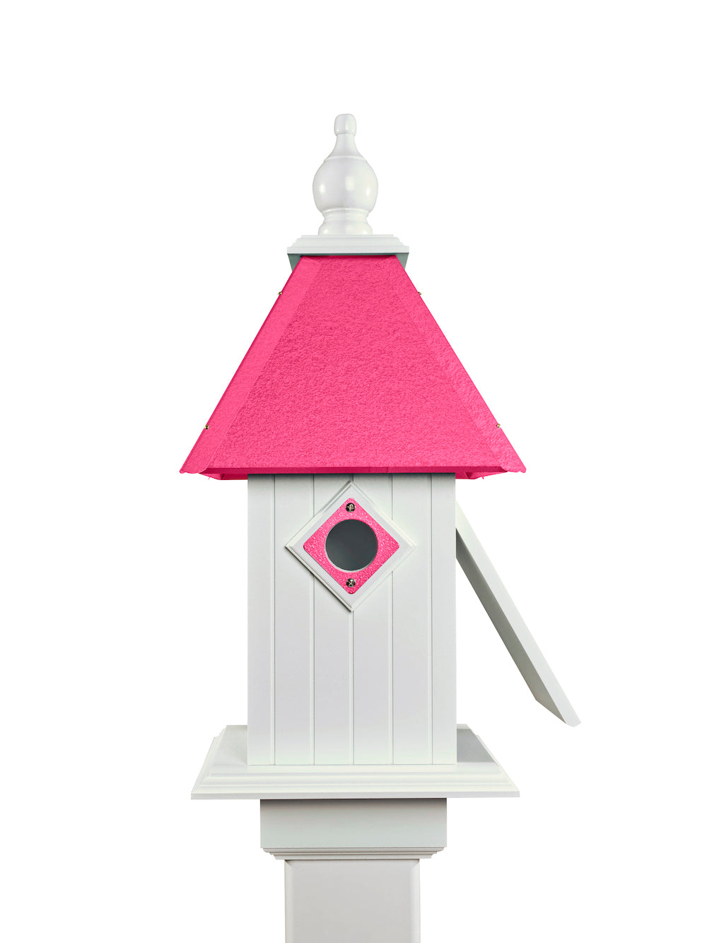 Pink cathedral birdhouse with white background